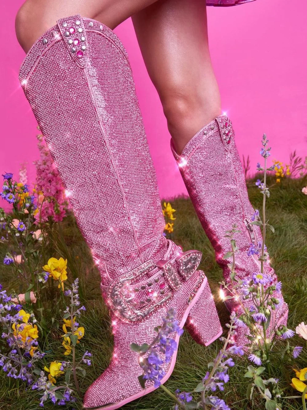 SHERIFF SHINE KNEE HIGH COWBOY BOOTS  Pink Crystal Embellished Knee Boots